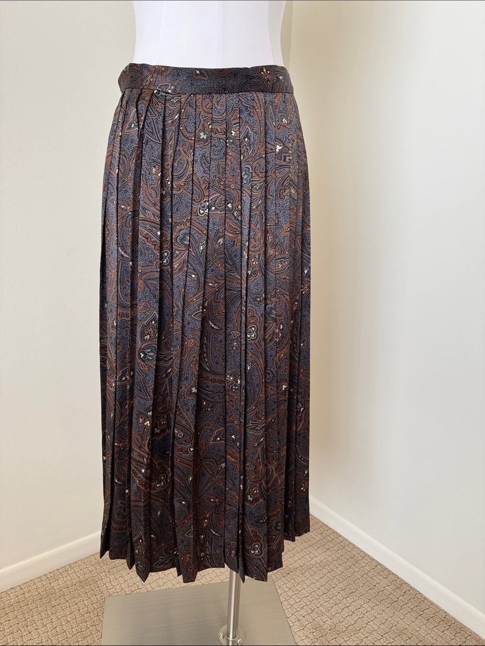 Vintage Linda Allard Ellen Tracy Silk Pleated Paisley Midi Skirt Brown Sz 12